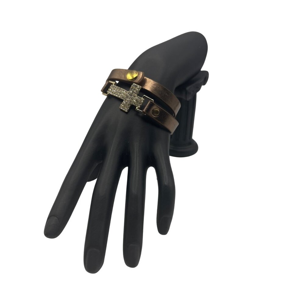Brown Leather Wrap Bracelet With Rhinestone Cross & Brass Button Closure